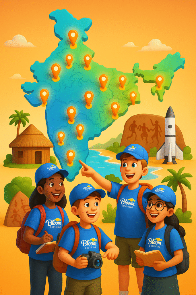 A vibrant 3D illustration featuring a colorful map of India with 10 glowing destination markers placed on lesser-known educational tour spots like Hampi, Auroville, Ziro Valley, Bhimbetka, Sanchi, Majuli Island, Chikmagalur, Gopalpur-on-Sea, Lepakshi, and Rann of Kutch. In the foreground, a group of diverse school students wearing blue “Bloom Edu Tours” t-shirts and caps stand with excitement—one points at the map, another holds a camera, and others have notebooks and backpacks. Surrounding them are elements like tribal huts, ancient cave art, a coastal scene, and a rocket model. The background is bright and engaging, showing the spirit of exploration and discovery for educational travel.